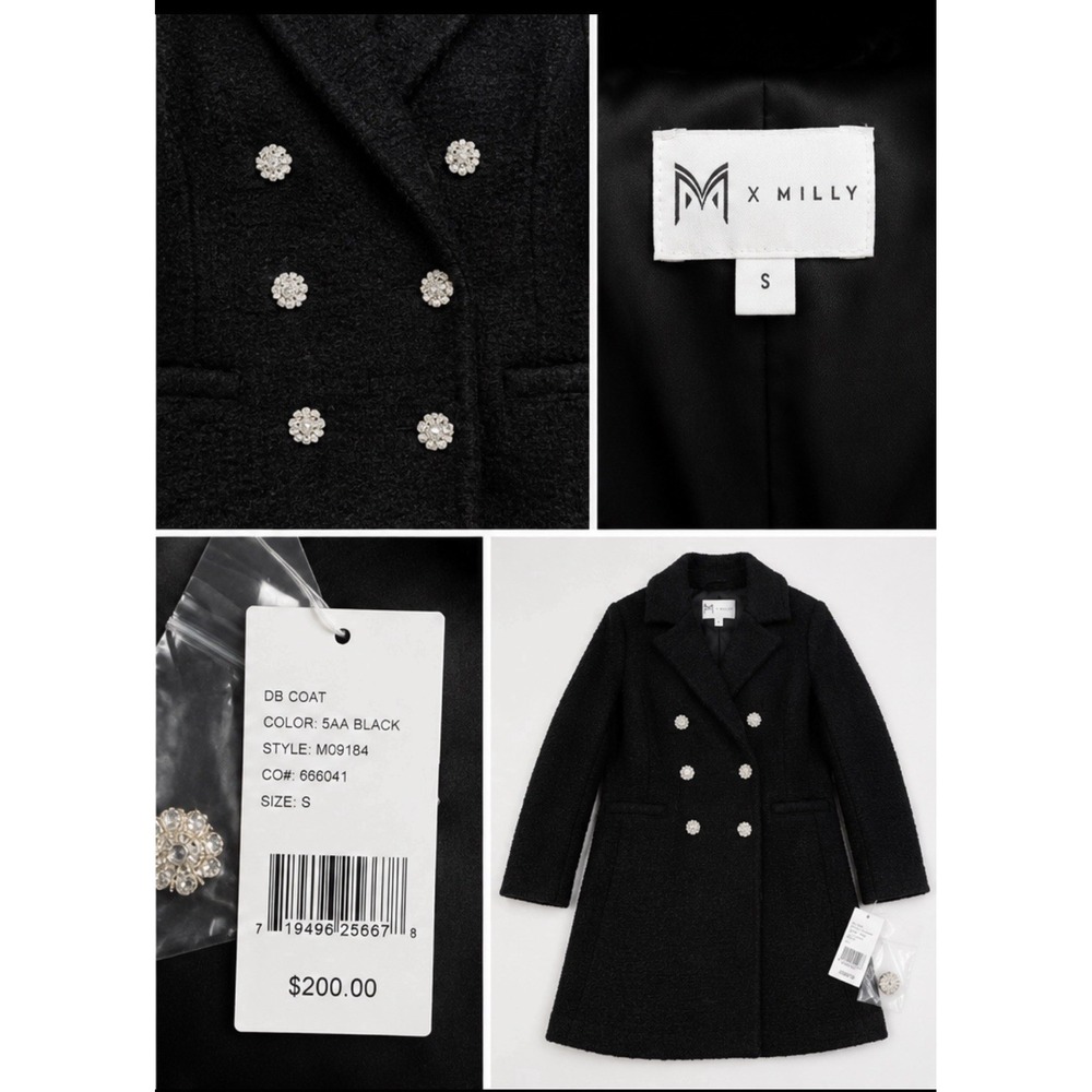 NWT M x Milly Black Boucle Coat Rhinestone Buttons Double Breasted M09184 S - Picture 4 of 10